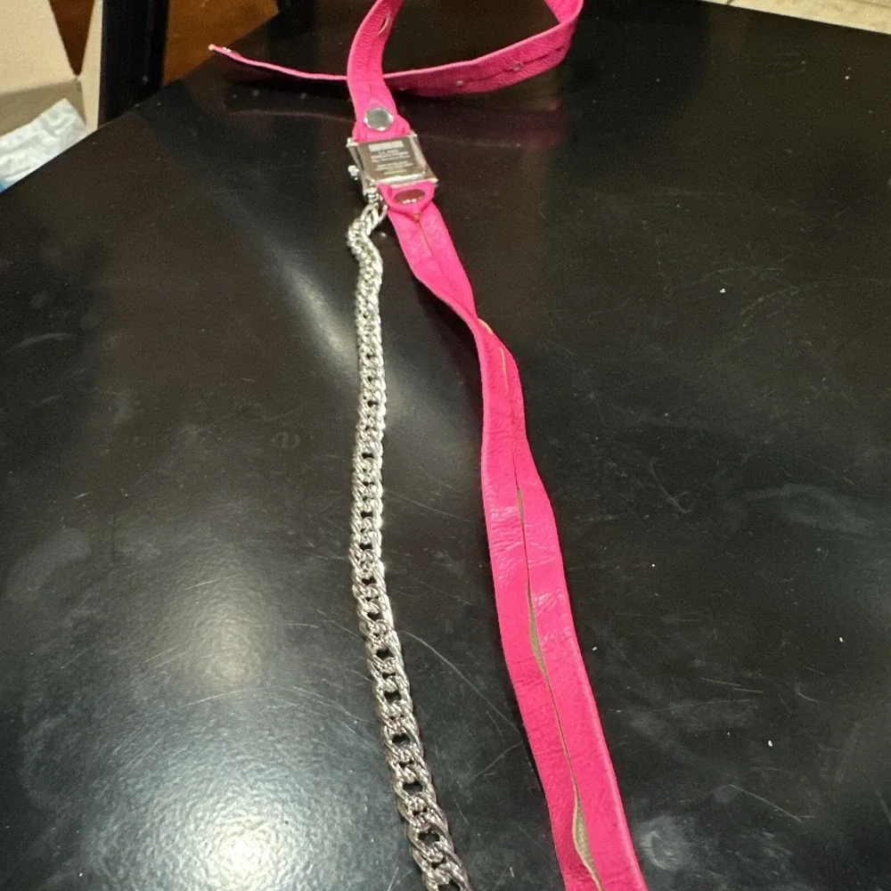 *Working* La Mer White Dial Rectangle Pink Faux Leather‎ Long Band Chain Watch